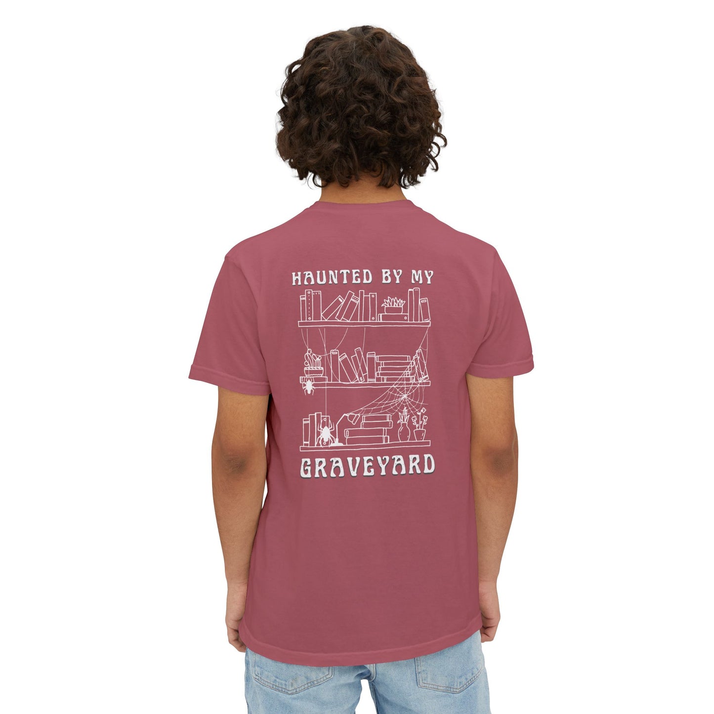 Haunted by My Graveyard Skeleton Hand & Webbed Books Tee – Comfort Colors 6030 Pocket t-shirt