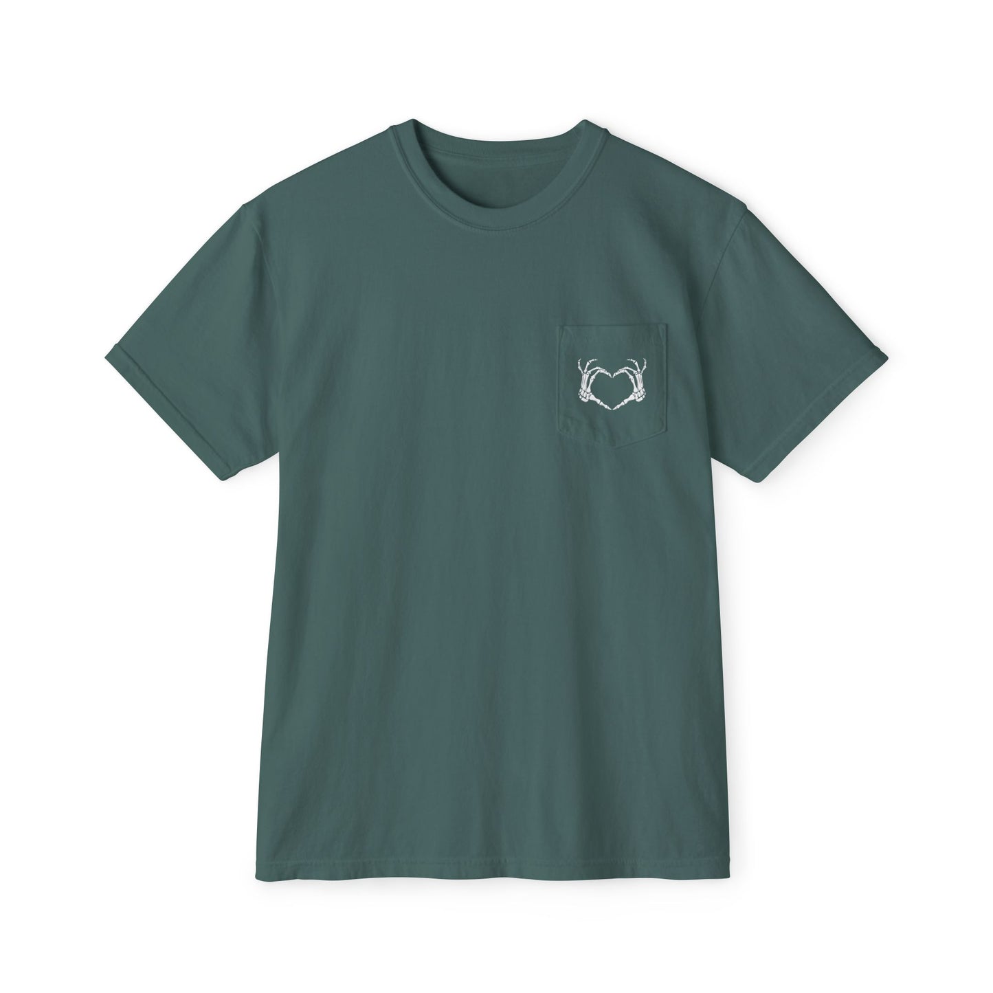 Haunted by My Graveyard Skeleton Hand & Webbed Books Tee – Comfort Colors 6030 Pocket t-shirt