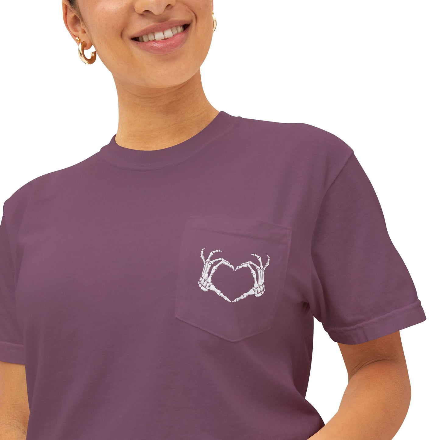 Haunted by My Graveyard Skeleton Hand & Webbed Books Tee – Comfort Colors 6030 Pocket t-shirt
