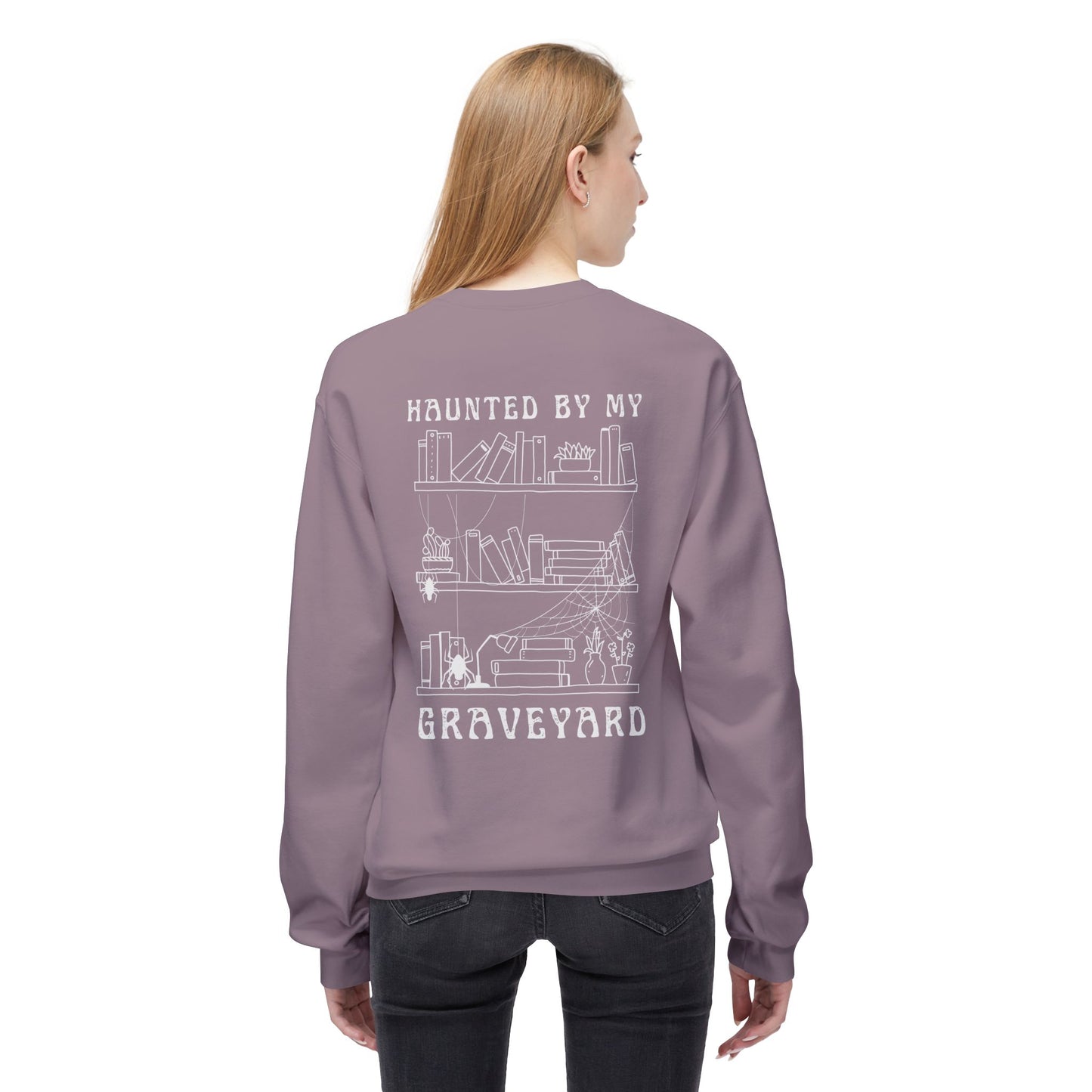 Haunted by My Graveyard Skeleton Hand & Webbed Books Sweatshirt – Unisex Gildan SF000
