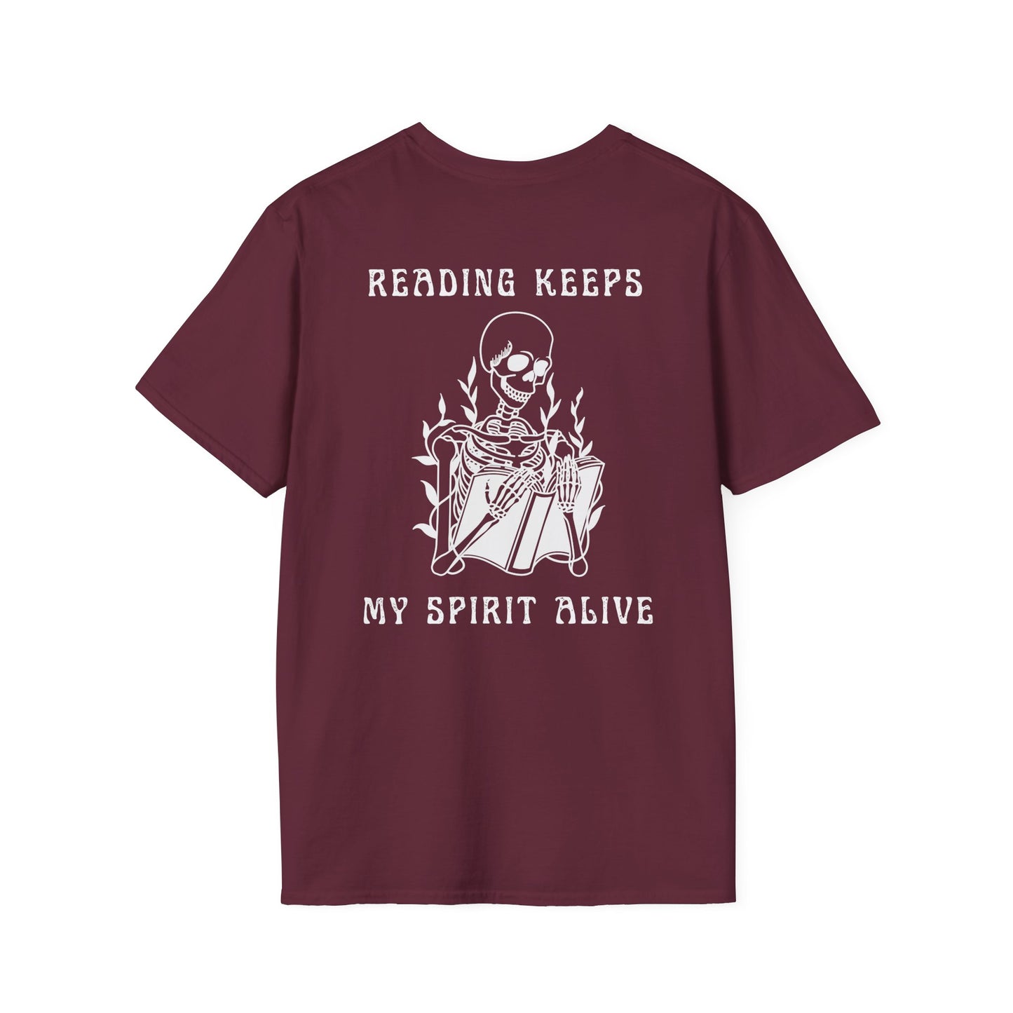 Reading Keeps My Spirit Alive Skeleton Tee – Spooky & Stylish Collection