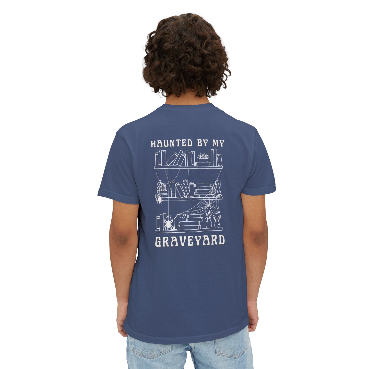 Haunted by My Graveyard Skeleton Hand & Webbed Books Tee – Comfort Colors 6030 Pocket t-shirt