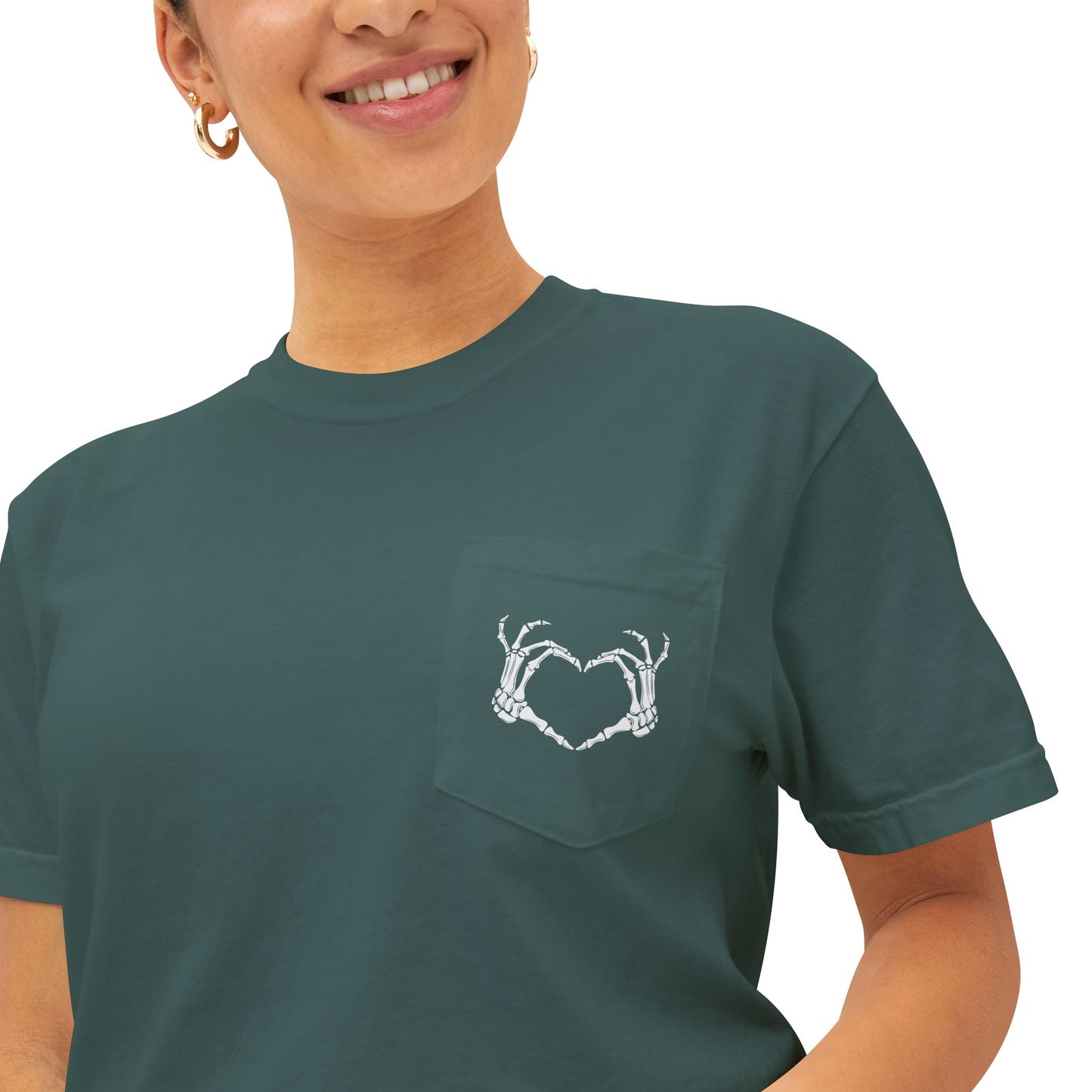 Haunted by My Graveyard Skeleton Hand & Webbed Books Tee – Comfort Colors 6030 Pocket t-shirt