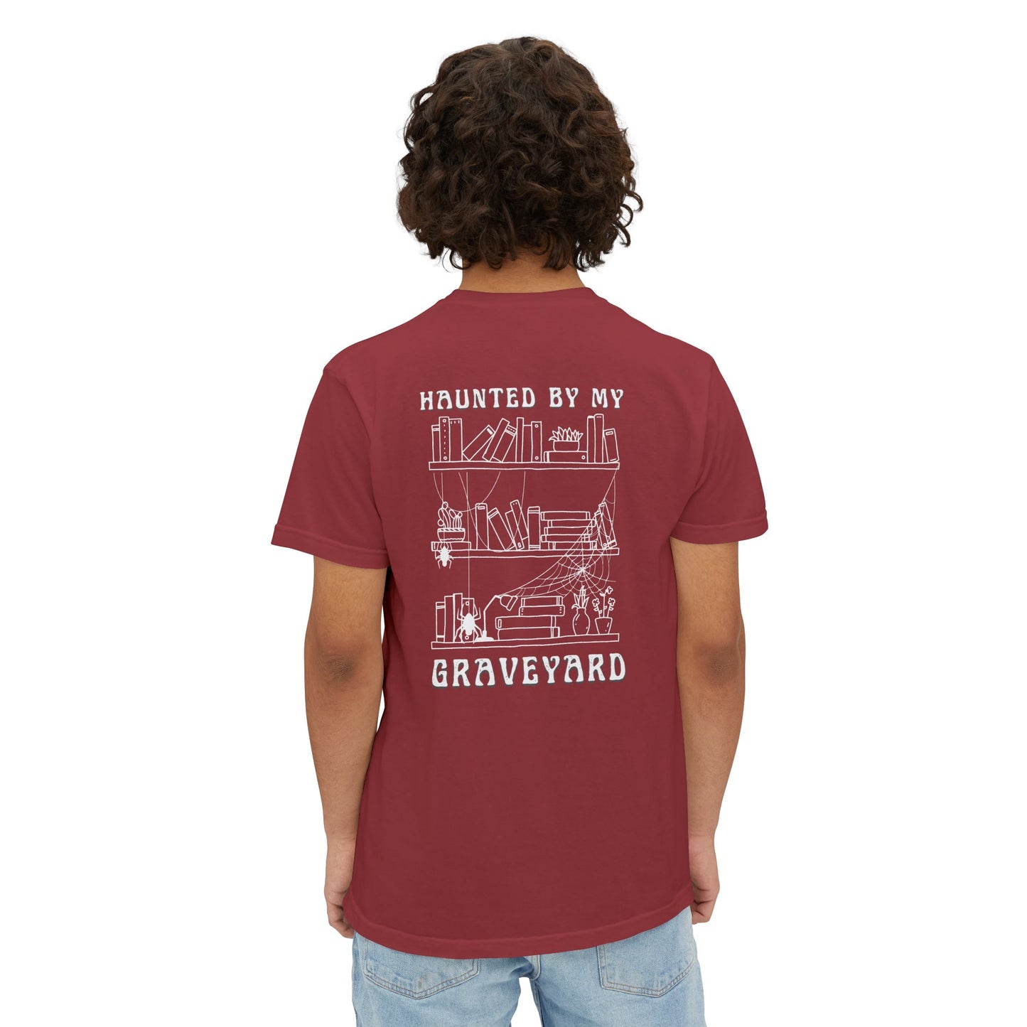 Haunted by My Graveyard Skeleton Hand & Webbed Books Tee – Comfort Colors 6030 Pocket t-shirt