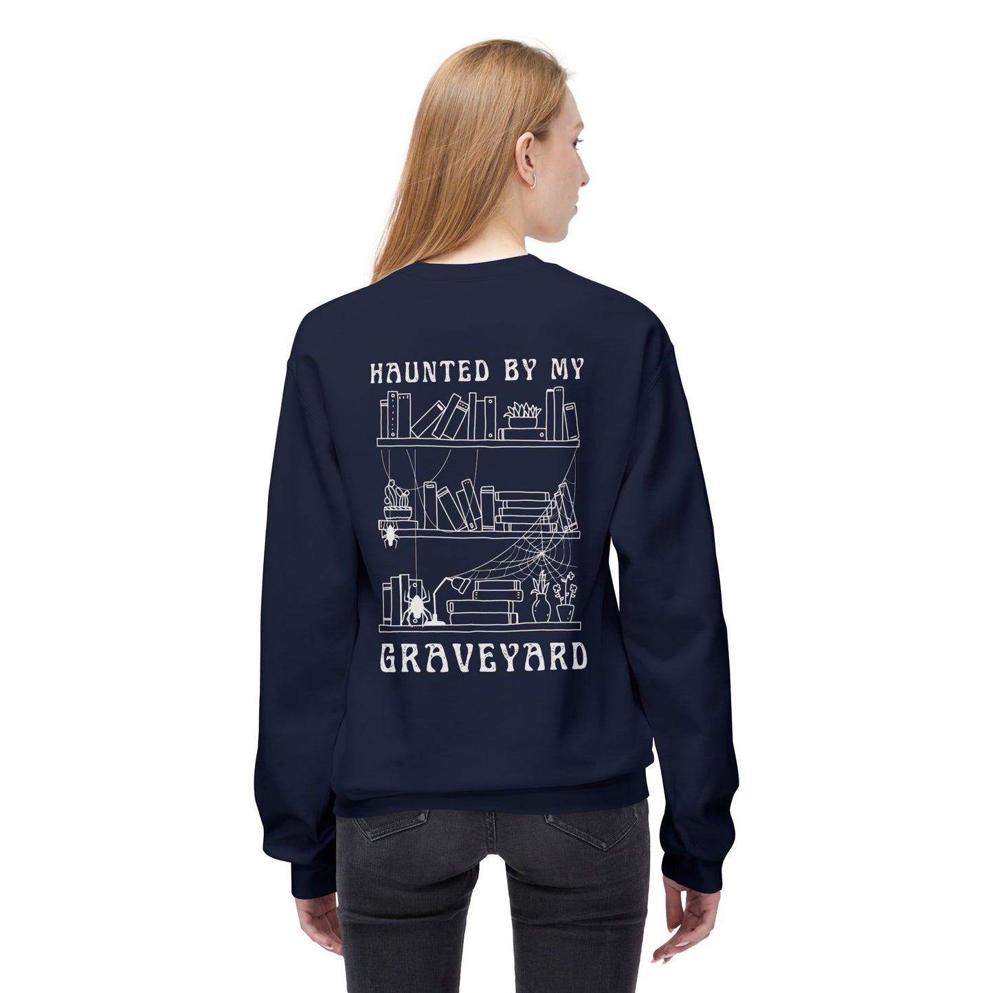 Haunted by My Graveyard Skeleton Hand & Webbed Books Sweatshirt – Unisex Gildan SF000