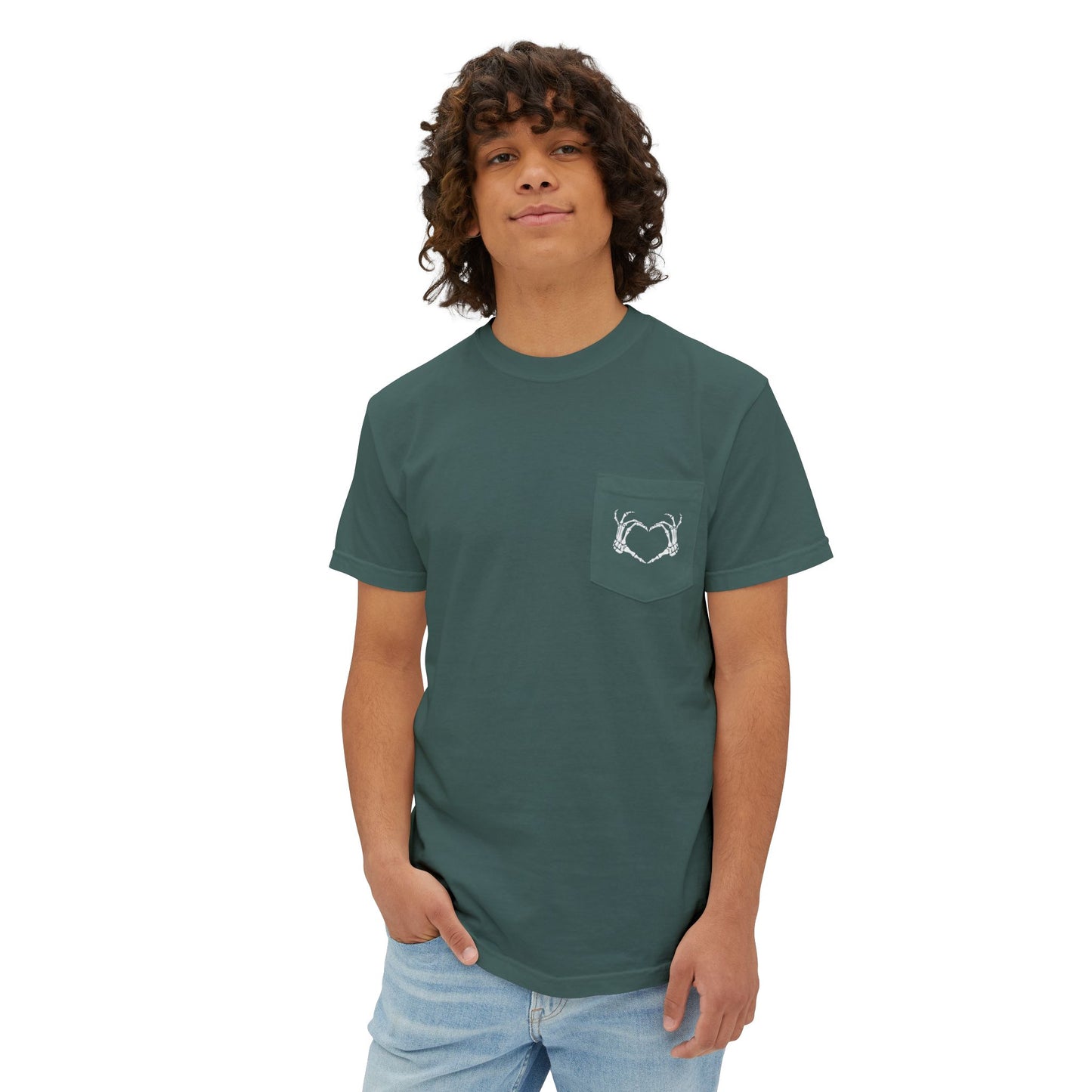 Haunted by My Graveyard Skeleton Hand & Webbed Books Tee – Comfort Colors 6030 Pocket t-shirt
