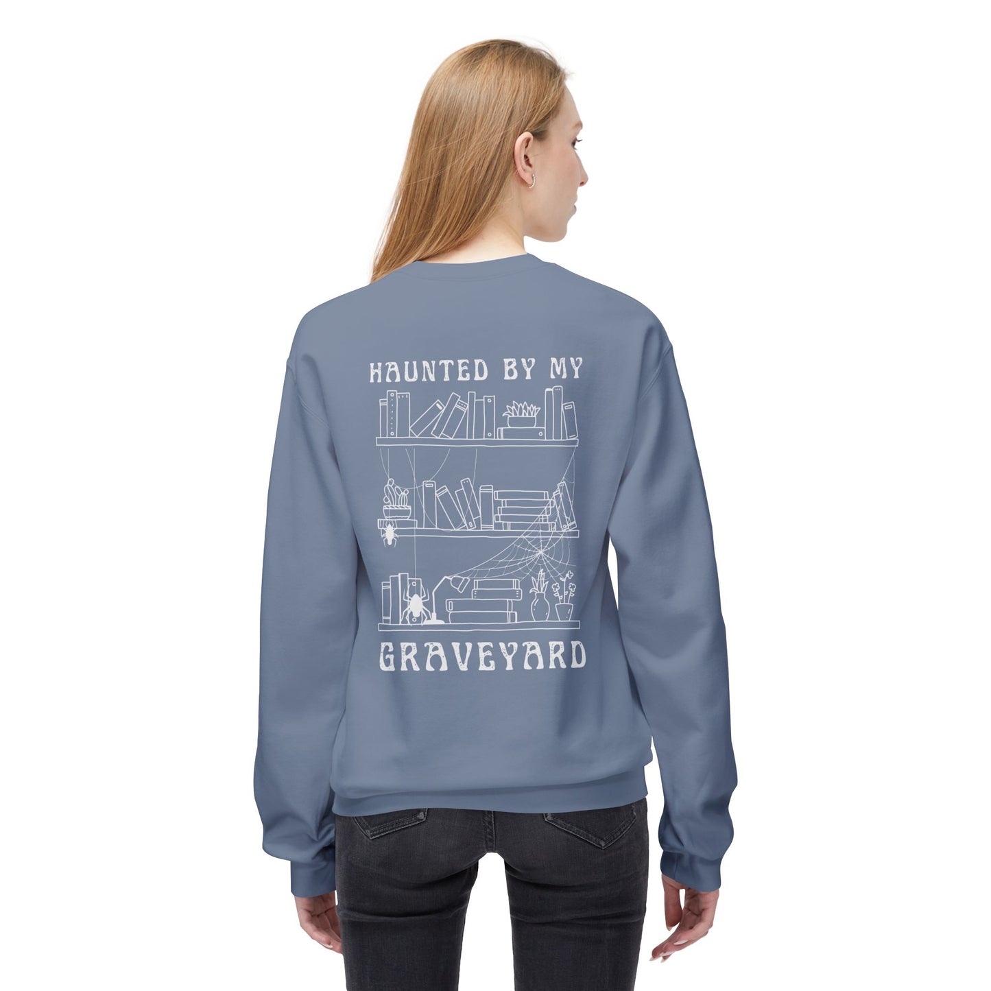 Haunted by My Graveyard Skeleton Hand & Webbed Books Sweatshirt – Unisex Gildan SF000