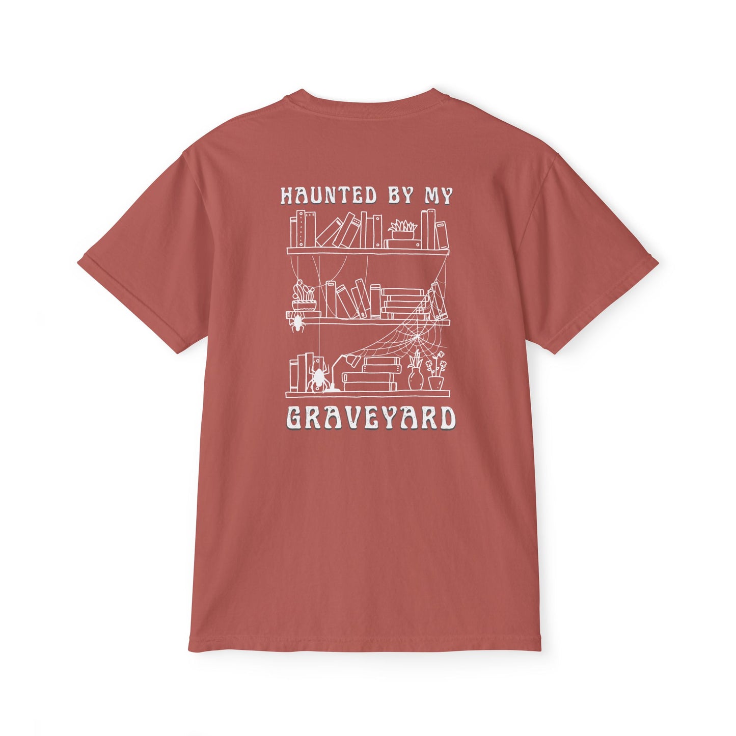 Haunted by My Graveyard Skeleton Hand & Webbed Books Tee – Comfort Colors 6030 Pocket t-shirt