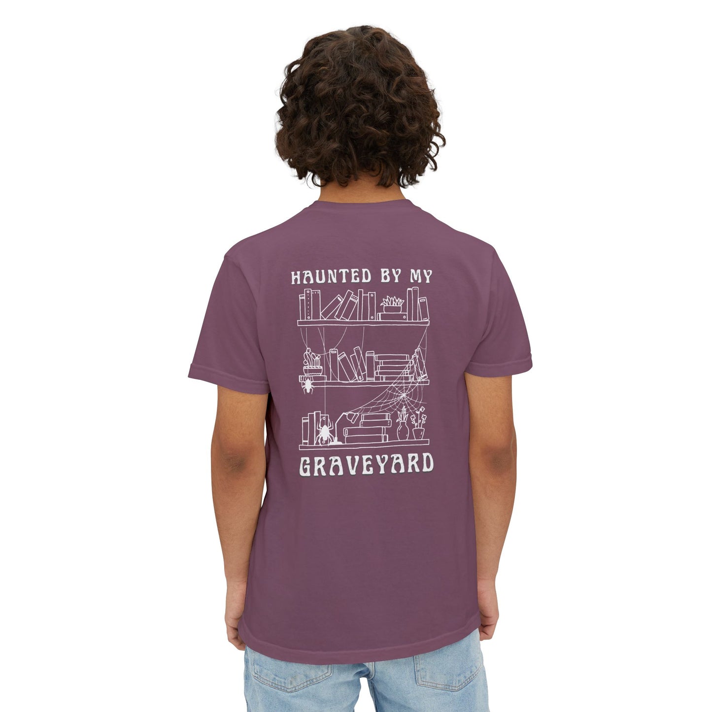 Haunted by My Graveyard Skeleton Hand & Webbed Books Tee – Comfort Colors 6030 Pocket t-shirt