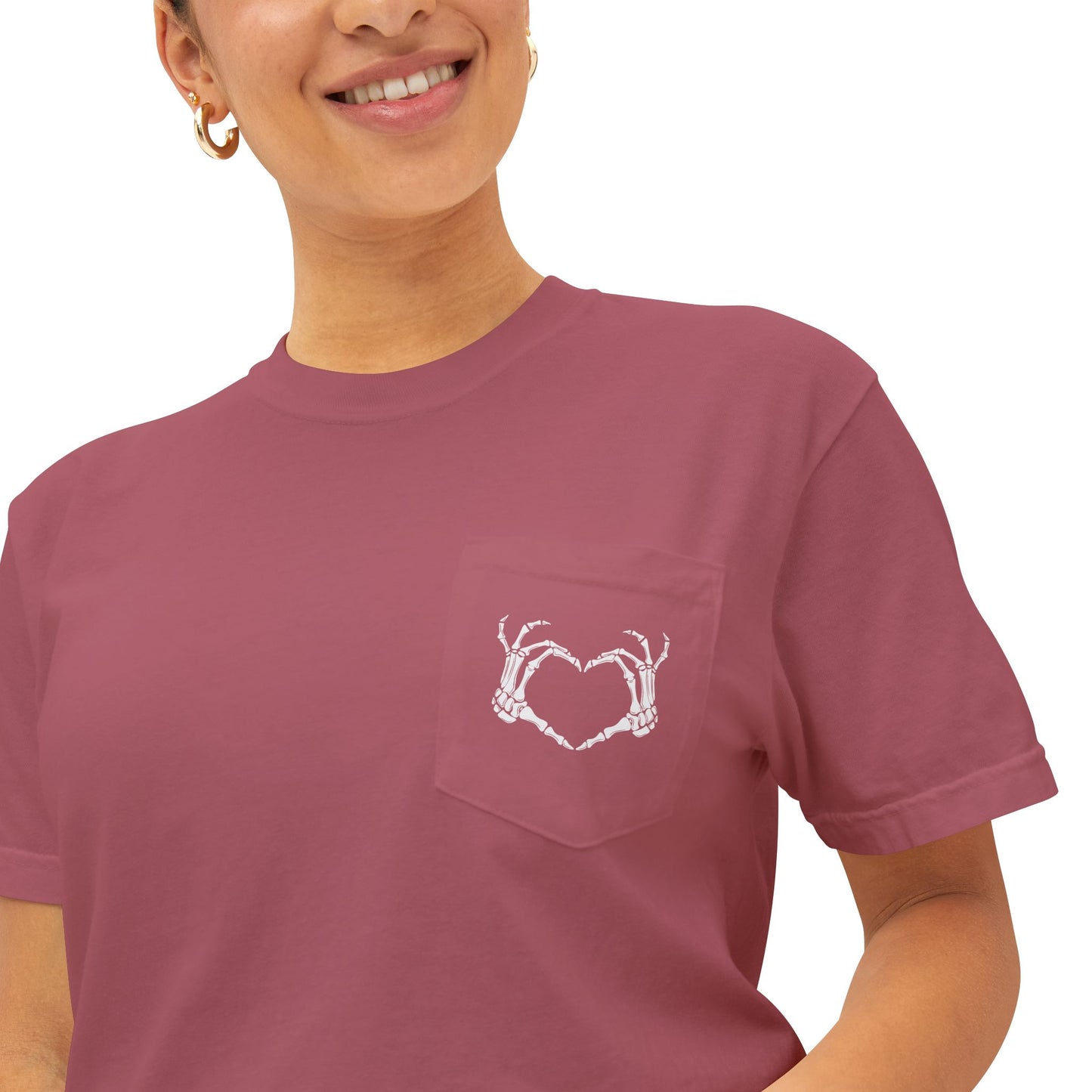 Haunted by My Graveyard Skeleton Hand & Webbed Books Tee – Comfort Colors 6030 Pocket t-shirt