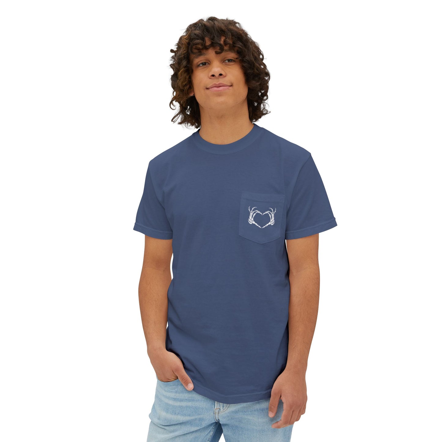 Haunted by My Graveyard Skeleton Hand & Webbed Books Tee – Comfort Colors 6030 Pocket t-shirt