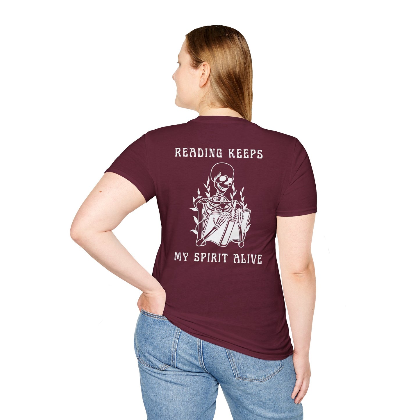 Reading Keeps My Spirit Alive Skeleton Tee – Spooky & Stylish Collection