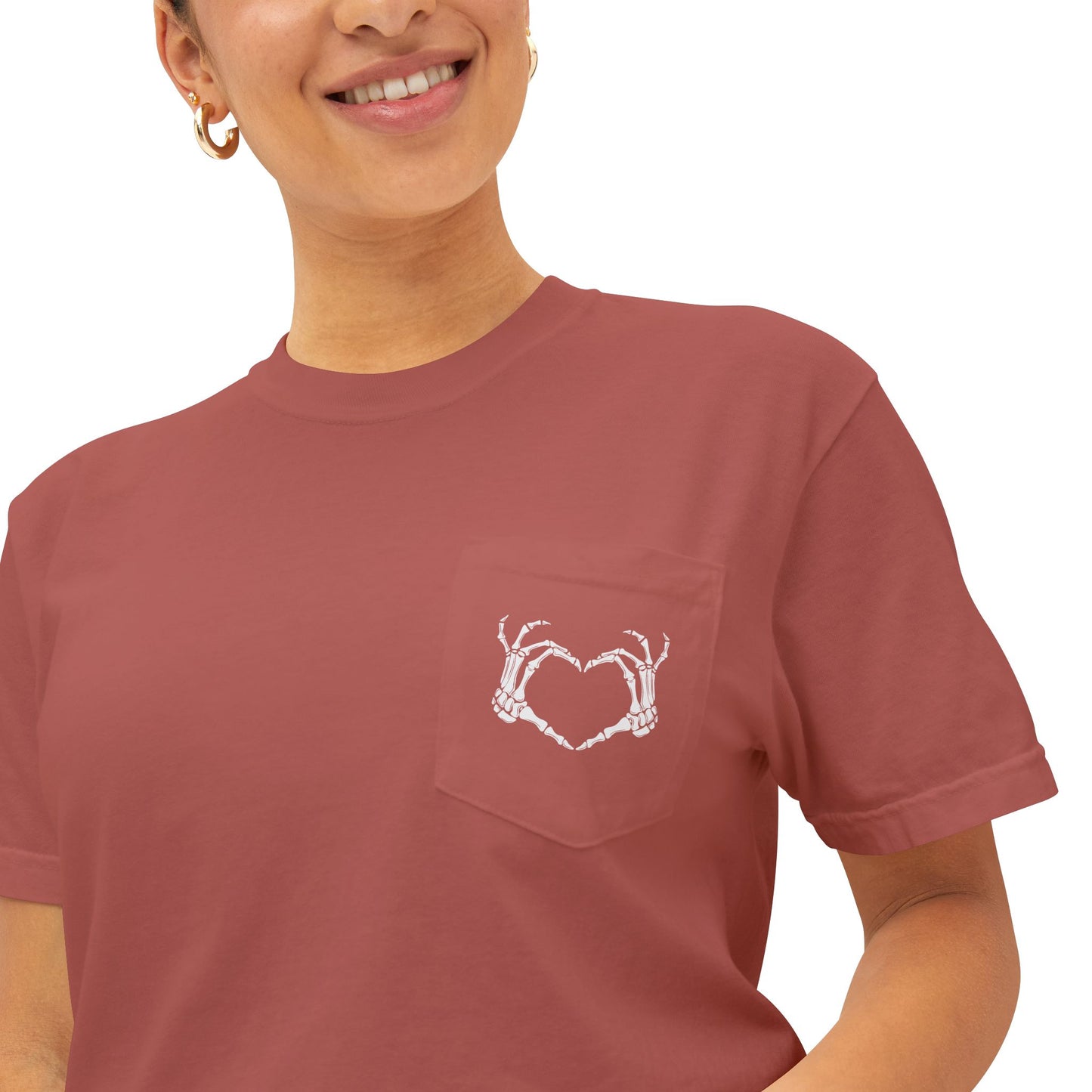 Haunted by My Graveyard Skeleton Hand & Webbed Books Tee – Comfort Colors 6030 Pocket t-shirt
