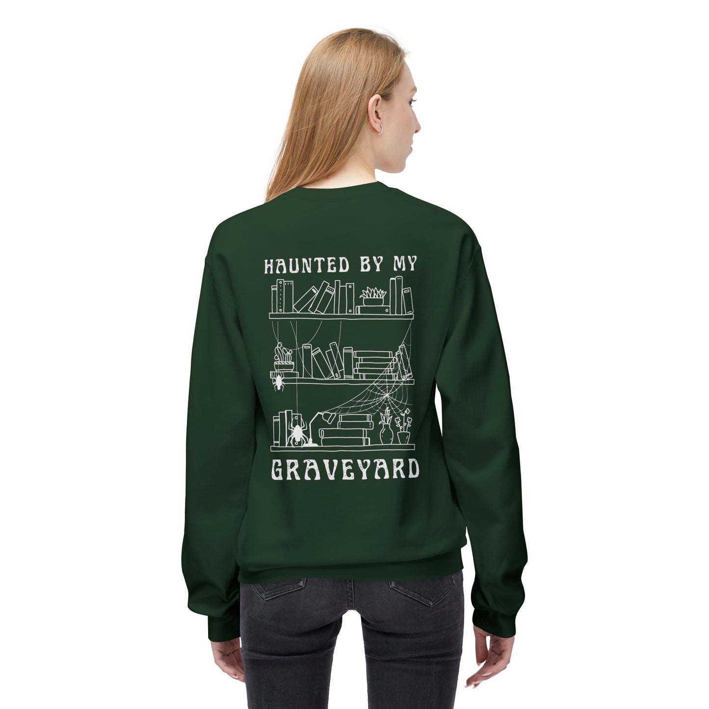 Haunted by My Graveyard Skeleton Hand & Webbed Books Sweatshirt – Unisex Gildan SF000