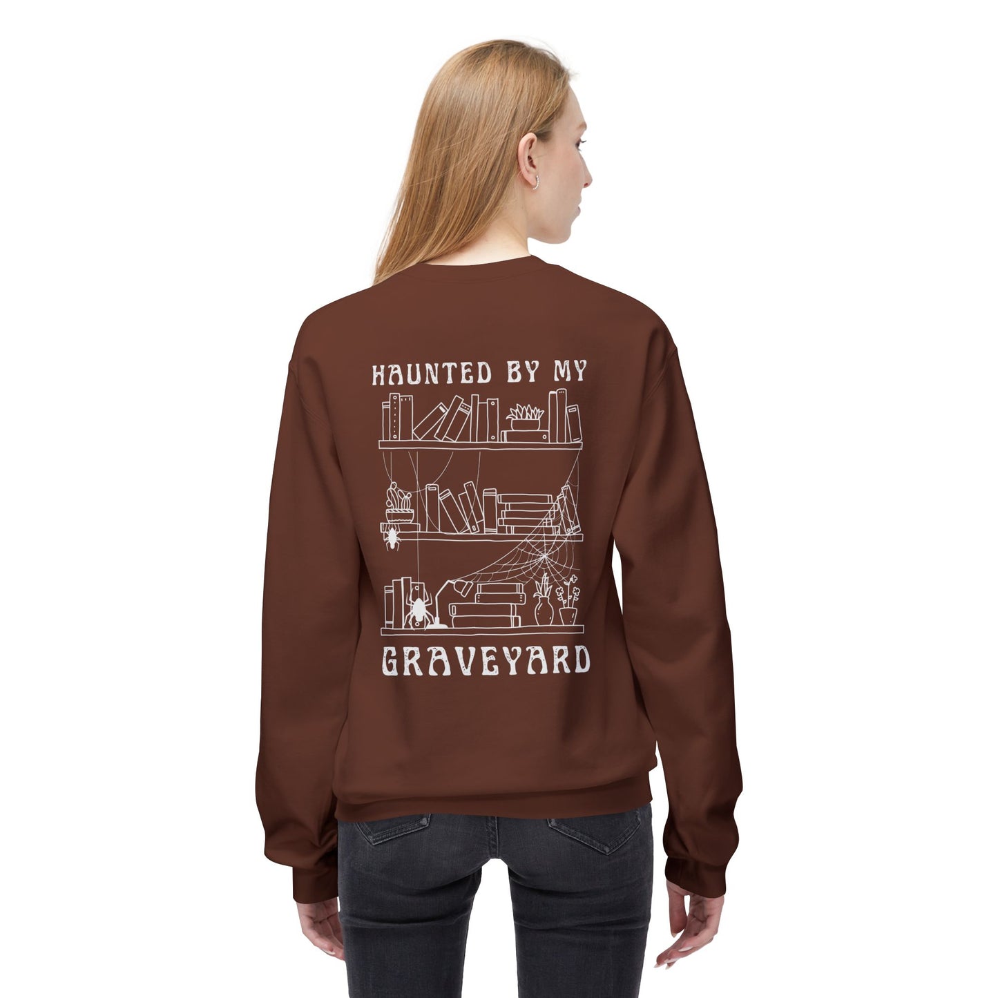 Haunted by My Graveyard Skeleton Hand & Webbed Books Sweatshirt – Unisex Gildan SF000