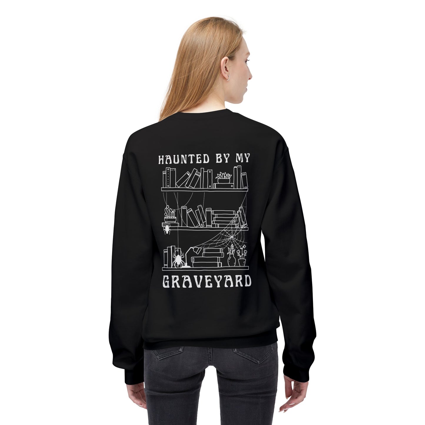 Haunted by My Graveyard Skeleton Hand & Webbed Books Sweatshirt – Unisex Gildan SF000