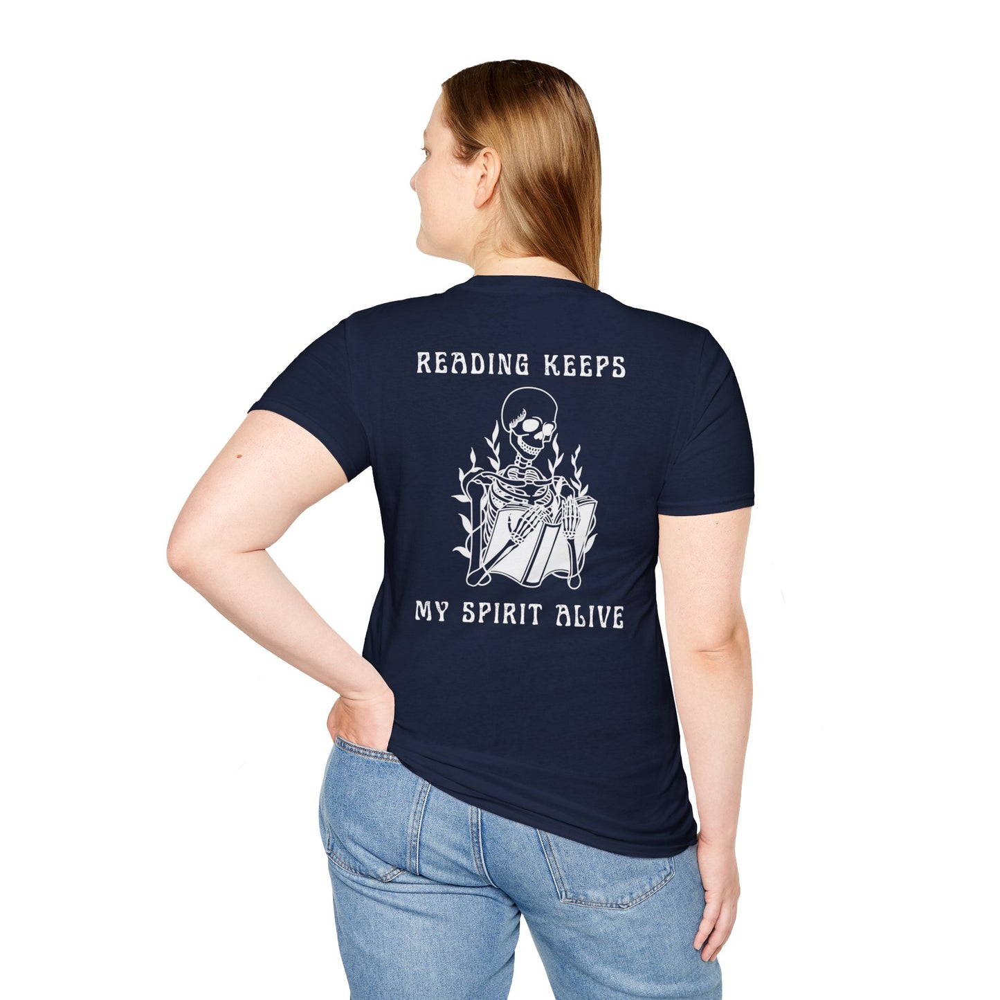Reading Keeps My Spirit Alive Skeleton Tee – Spooky & Stylish Collection
