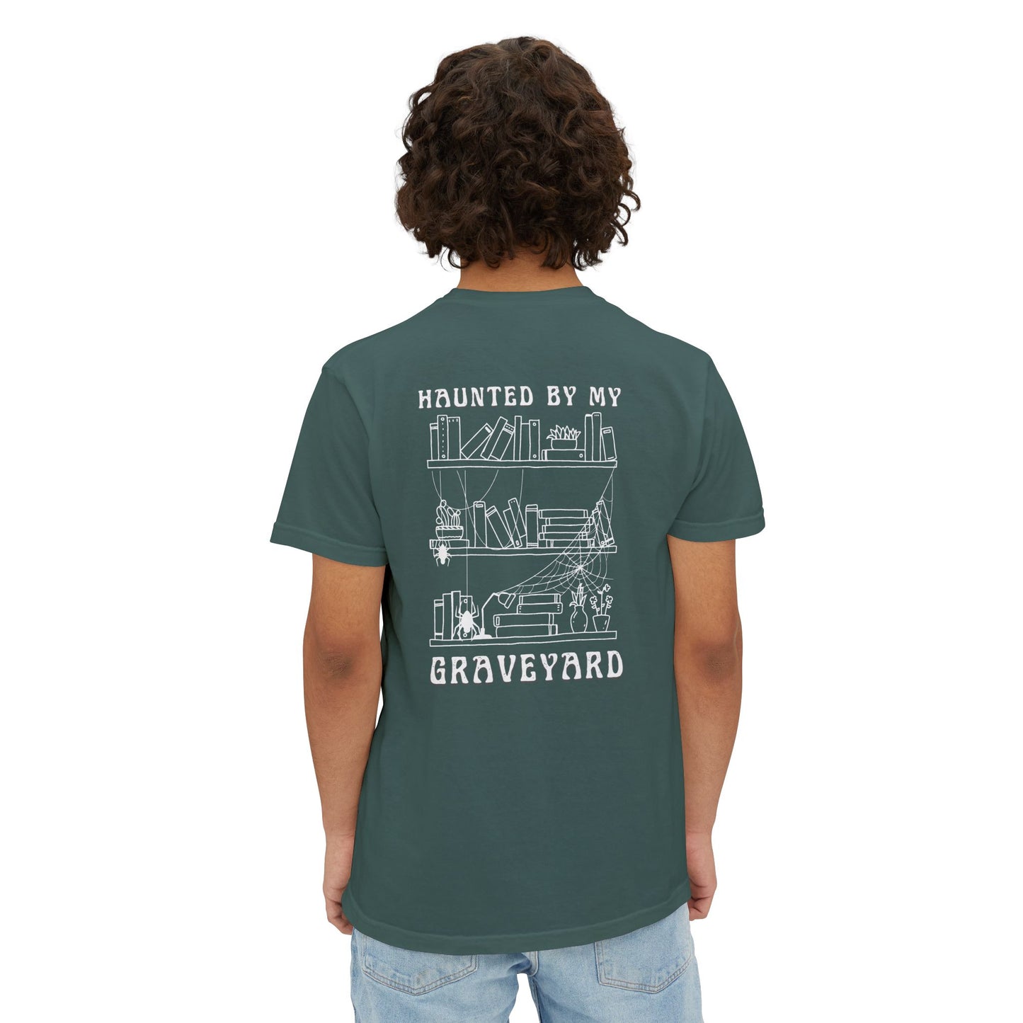 Haunted by My Graveyard Skeleton Hand & Webbed Books Tee – Comfort Colors 6030 Pocket t-shirt