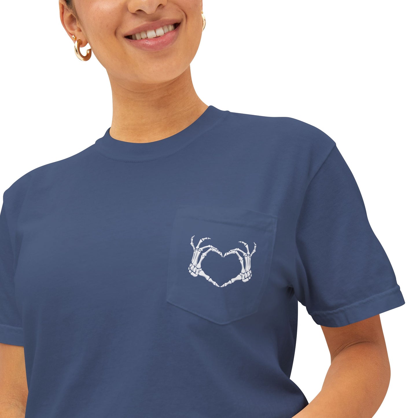 Haunted by My Graveyard Skeleton Hand & Webbed Books Tee – Comfort Colors 6030 Pocket t-shirt