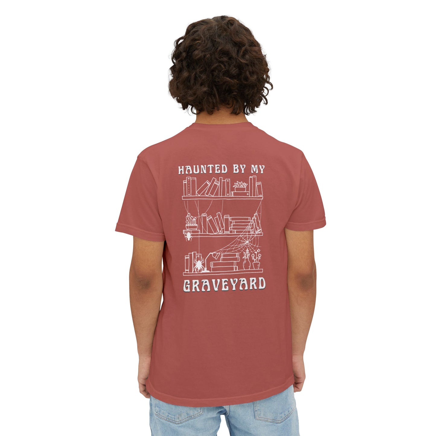 Haunted by My Graveyard Skeleton Hand & Webbed Books Tee – Comfort Colors 6030 Pocket t-shirt