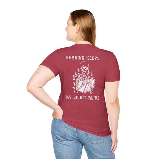 Reading Keeps My Spirit Alive Skeleton Tee – Spooky & Stylish Collection